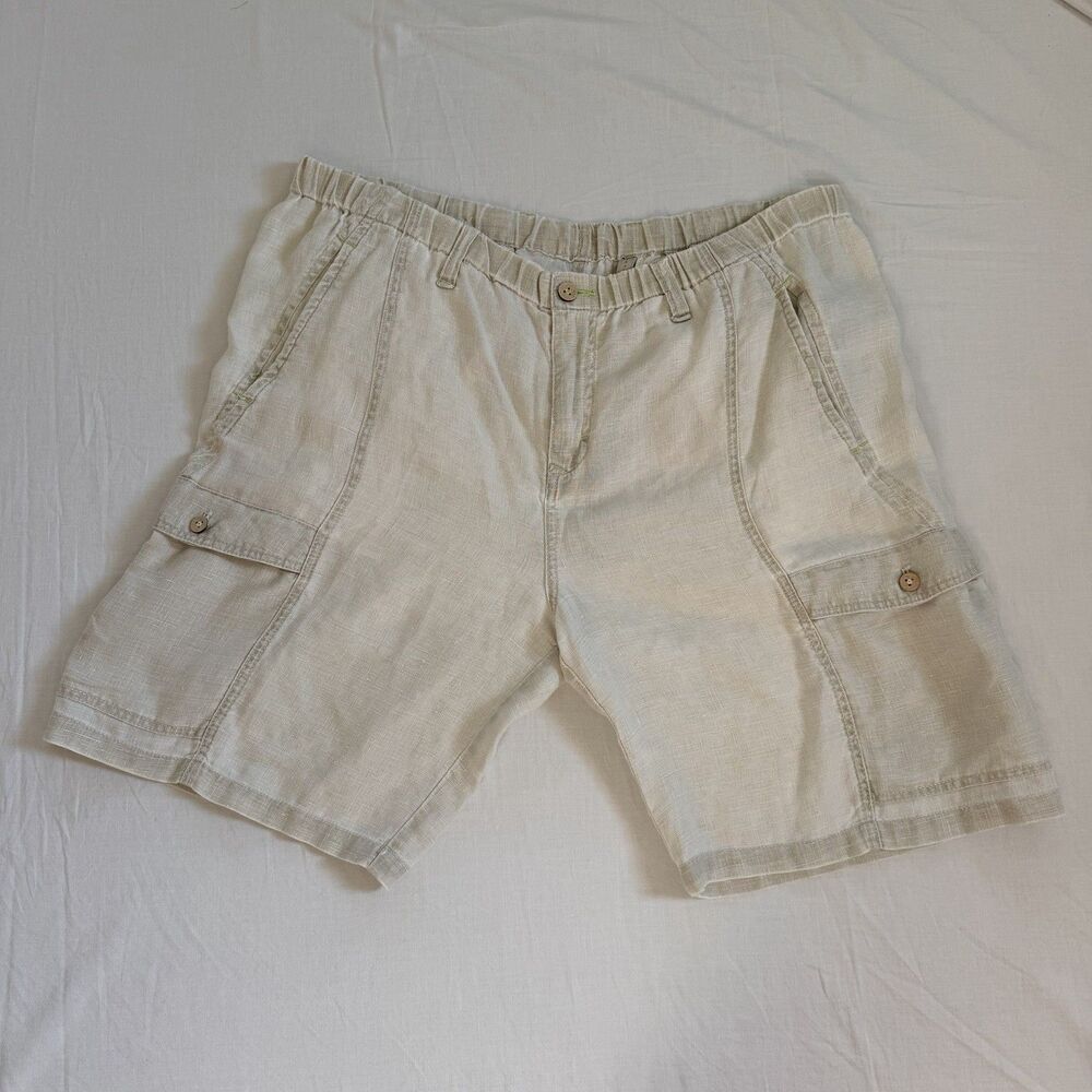 NWOT Tommy Bahama 100% Linen Relaxed Cargo Shorts Mens XL Elastic Waist Beige